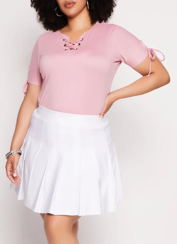 Plus Size Lace Up Notch Neck Tie Sleeve Tee
